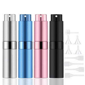 8Ml Portable Mini Perfume Atomizer(4 Pcs)，Refillable Empty Small Spray Bottle for Travel, Twist Tpye Pocket Cologne Sprayer (Matte Black, Pink, Blue, Silver)