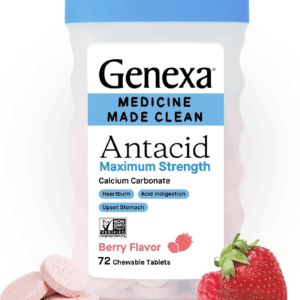 Clean Antacid Maximum Strength Chewable Tablets, Dye Free, 0% Artificial Additives, Calcium Carbonate Relief for Heartburn, Acid Indigestion, & Upset Stomach, Organic Berry Flavor, 72 Ct