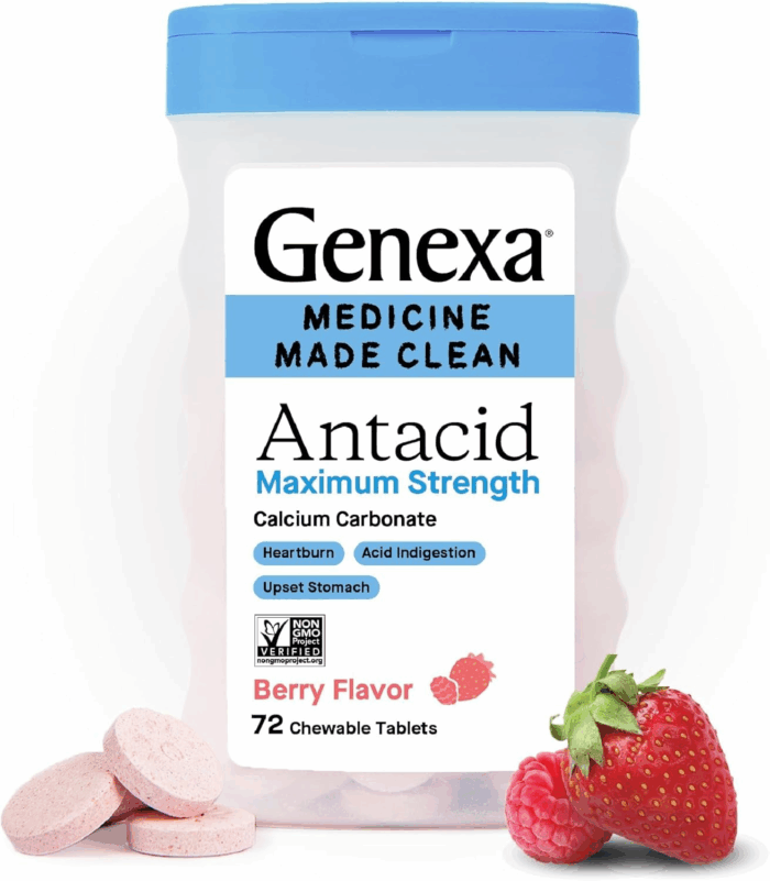 Clean Antacid Maximum Strength Chewable Tablets, Dye Free, 0% Artificial Additives, Calcium Carbonate Relief for Heartburn, Acid Indigestion, & Upset Stomach, Organic Berry Flavor, 72 Ct