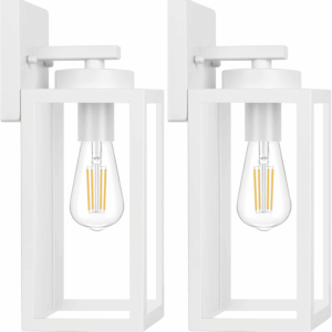 Outdoor Wall Light Fixtures, Exterior Waterproof Wall Lanterns, Porch Sconces Wall Mounted Lighting with E26 Sockets & Glass Shades, Modern White Wall Lamps for Patio Front Door Entryway, 2-Pack