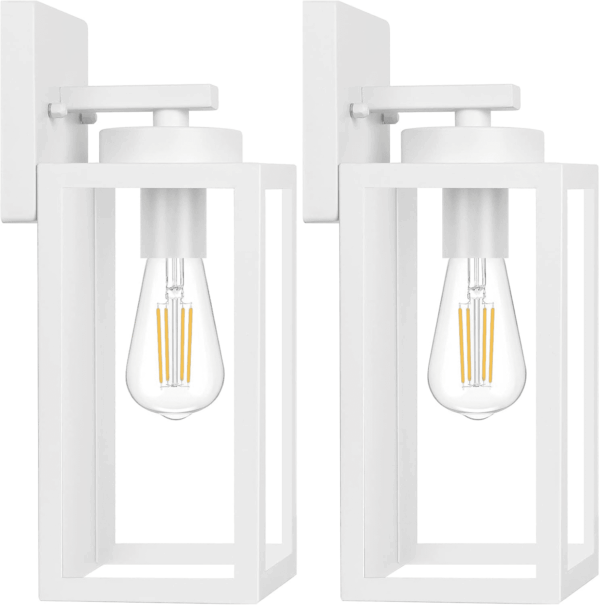 Outdoor Wall Light Fixtures, Exterior Waterproof Wall Lanterns, Porch Sconces Wall Mounted Lighting with E26 Sockets & Glass Shades, Modern White Wall Lamps for Patio Front Door Entryway, 2-Pack