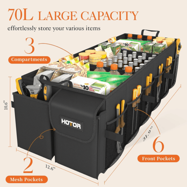 Foldable Trunk Organizer - SUV & Sedan Compatible, 3 Compartment, Black, 31.9"×12.6"×10.6" Sturdy Car Organization for Accessories, Tools, Sundries - Image 2