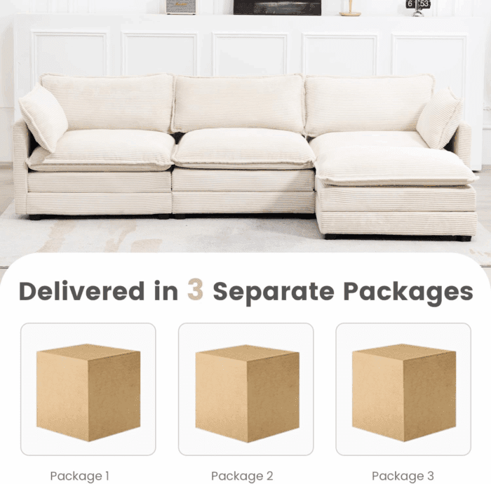 Oversized Modular Sectional Sofa with Movable Ottoman, 112 Inch 4 Seat Modern Corduroy Sofa Set, Convertible L Shaped Couch for Living Room and Office, Beige - Image 4