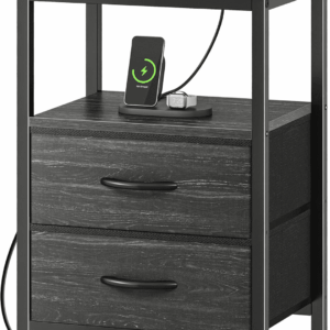 Nightstand with Charging Station, Fabric Drawers, End Table with Open Shelf, Bedside Table with USB Ports and Outlets, Night Stand for Bedroom, Charcoal Black Wood Grain Print