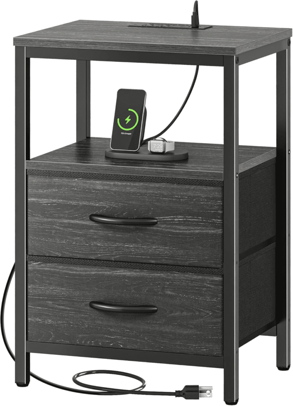 Nightstand with Charging Station, Fabric Drawers, End Table with Open Shelf, Bedside Table with USB Ports and Outlets, Night Stand for Bedroom, Charcoal Black Wood Grain Print
