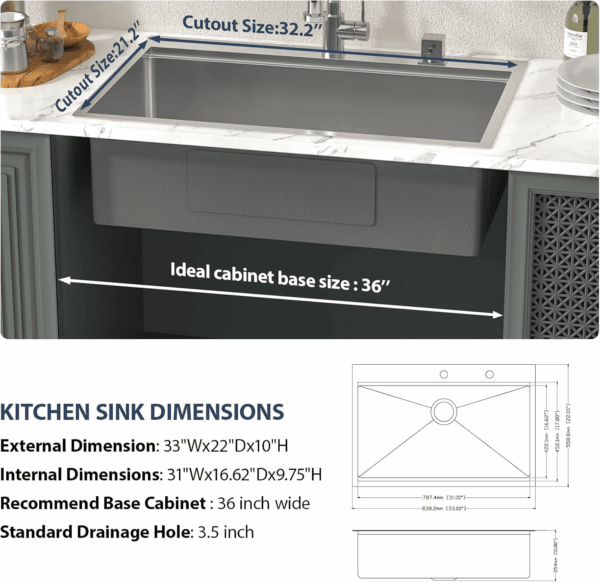 33 Drop in Kitchen Sink Workstation - 33X22 Kitchen Sinks Drop in Stainless Steel 16 Gauge Single Bowl Handmade Topmount Sink with Cutting Board - Image 6