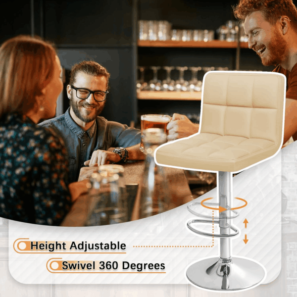 Bar Stools Modern PU Leather Adjustable Swivel Barstools, Armless Hydraulic Kitchen Counter Bar Stool Extra Height Square Island Barstool with Back Set of 2 (Leather, Beige) - Image 4