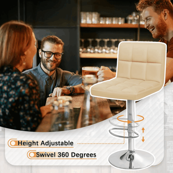 Bar Stools Modern PU Leather Adjustable Swivel Barstools, Armless Hydraulic Kitchen Counter Bar Stool Extra Height Square Island Barstool with Back Set of 2 (Leather, Beige) - Image 4