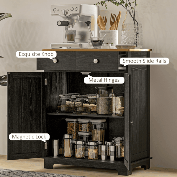 Sideboard with Solid Wood Countertop, Modern Kitchen Storage Cabinet, Coffee Bar Cabinet with 2 Drawers, Doors and Adjustable Shelf, Distressed Black - Image 7