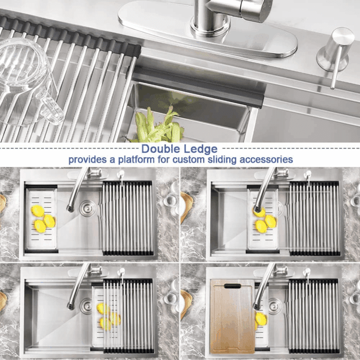 33 Inch Drop in Kitchen Sink Workstation- 33X22 Drop in Topmount Sink Double Ledges Workstation 16 Gauge Stainless Steel Single Bowl Deep Kitchen Sinks with Cutting Board - Image 4