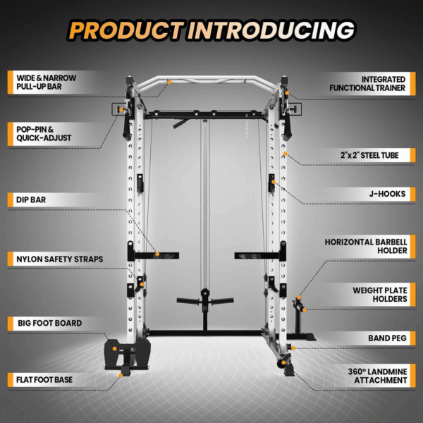 Power Cage, 2000 LBS Power Rack with Cable Cross-Over System, Multi-Functional Strength Training Squat Rack with LAT Pull down System, Home Gym Equipment with Training Attachment, White - Image 5