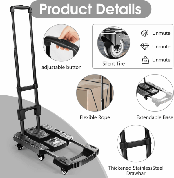 Folding Hand Truck, Portable Heavy Duty Dolly, 6 Wheels Collapsible Luggage Cart with 2 Elastic Ropes - Compact Trolley for Easy Moving - Ideal Hand Cart for Travel and More - Image 2