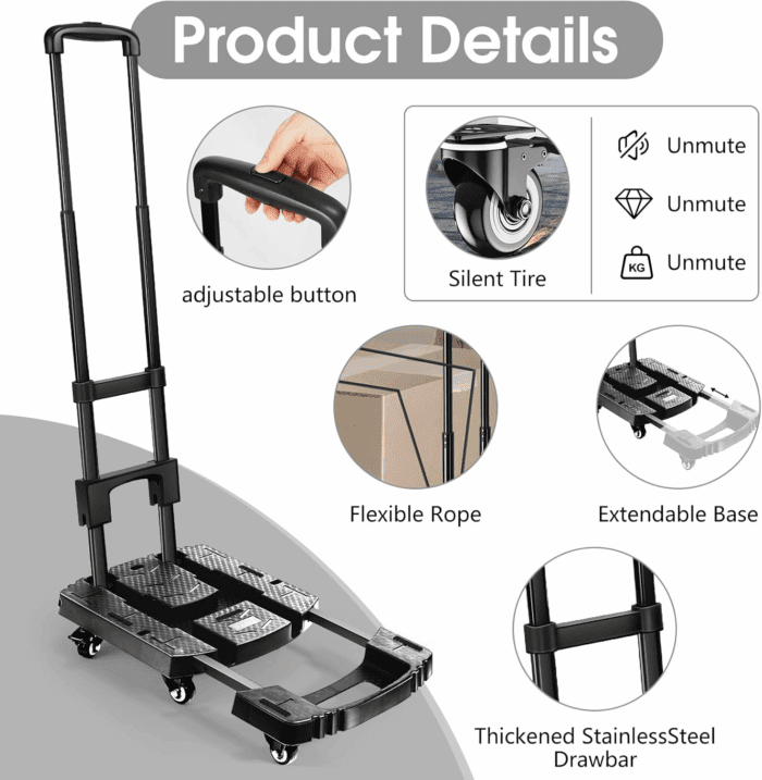 Folding Hand Truck, Portable Heavy Duty Dolly, 6 Wheels Collapsible Luggage Cart with 2 Elastic Ropes - Compact Trolley for Easy Moving - Ideal Hand Cart for Travel and More - Image 2
