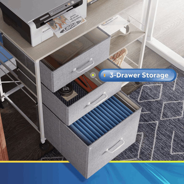 3 Drawer Mobile File Cabinet, Rolling Printer Stand with Open Storage Shelf, Fabric Lateral Filing Cabinet Fits A4 or Letter Size for Home Office, Light Grey - Image 4