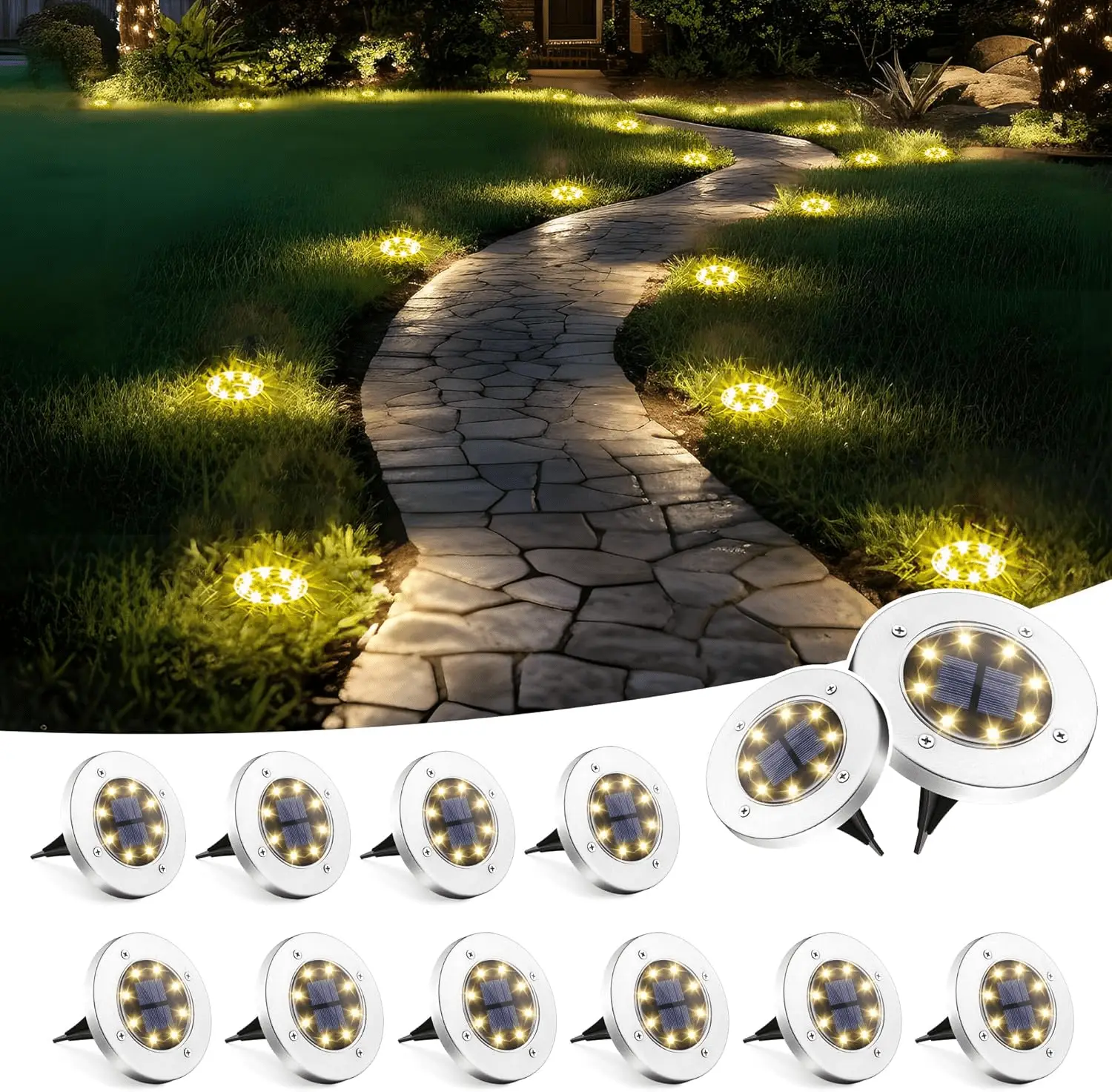 Solar Lights Outdoor Waterproof, 12 Pack Solar Ground Lights, Solar Garden Lights Landscape Lighting for Pathway Driveway Patio Backyard Walkway (Warm White)
