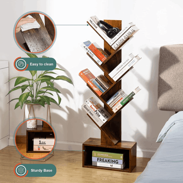 Tree Bookshelf - 6 Shelf Retro Floor Standing Bookcase, Tall Wood Book Storage Rack for Cds/Movies/Books, Utility Organizer Shelves Bedroom, Living Room, Home Office, Rustic Brown - Image 7