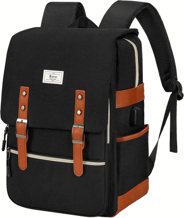 Vintage Laptop Backpack for Women Men,15.6 Inch Bookbag Casual Daypack with USB Charging Port for College Work, Black Backpacks