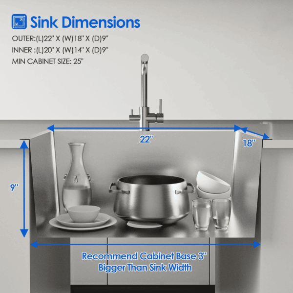 22 X 18 Inch Drop in Kitchen Sink, 9" Deep Single Bowl Kitchen Sinks, T-304 Stainless Steel Topmount Sink with 304 Bottom Grid - Image 7