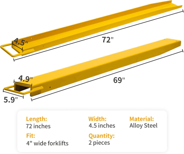 4.5In Width Forklift Extensions Fits for 4" Wide Forks, Heavy Duty Pallet Fork Extension, 72In Length, 1 Pair, Yellow - Image 5