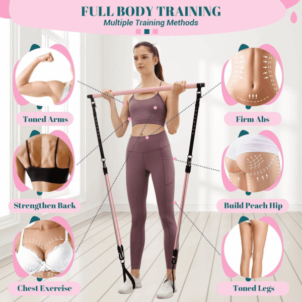 Pilates Bar Kit with Resistance Bands, Multifunctional Yoga Pilates Bar with Heavy-Duty Metal Adjustment Buckle, Portable Home Gym Pilates Resistance Bar Kit for Women Full Body Workouts - Image 6
