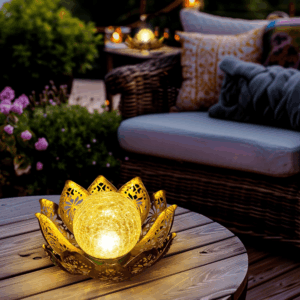 Solar Lights Outdoor Garden Decor, Adjustable Metal Petal Lotus Flower Lights Crackle Globe Glass Lantern Outdoor Table Decor Waterproof for Patio, Lawn, Pathway, Pond, Christmas Gift