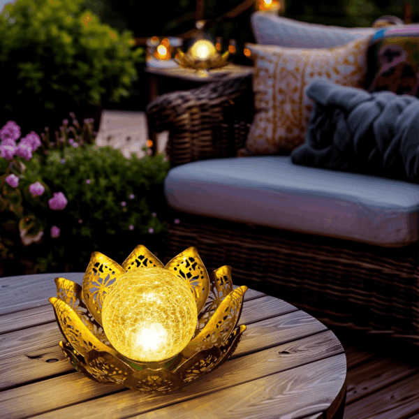 Solar Lights Outdoor Garden Decor, Adjustable Metal Petal Lotus Flower Lights Crackle Globe Glass Lantern Outdoor Table Decor Waterproof for Patio, Lawn, Pathway, Pond, Christmas Gift