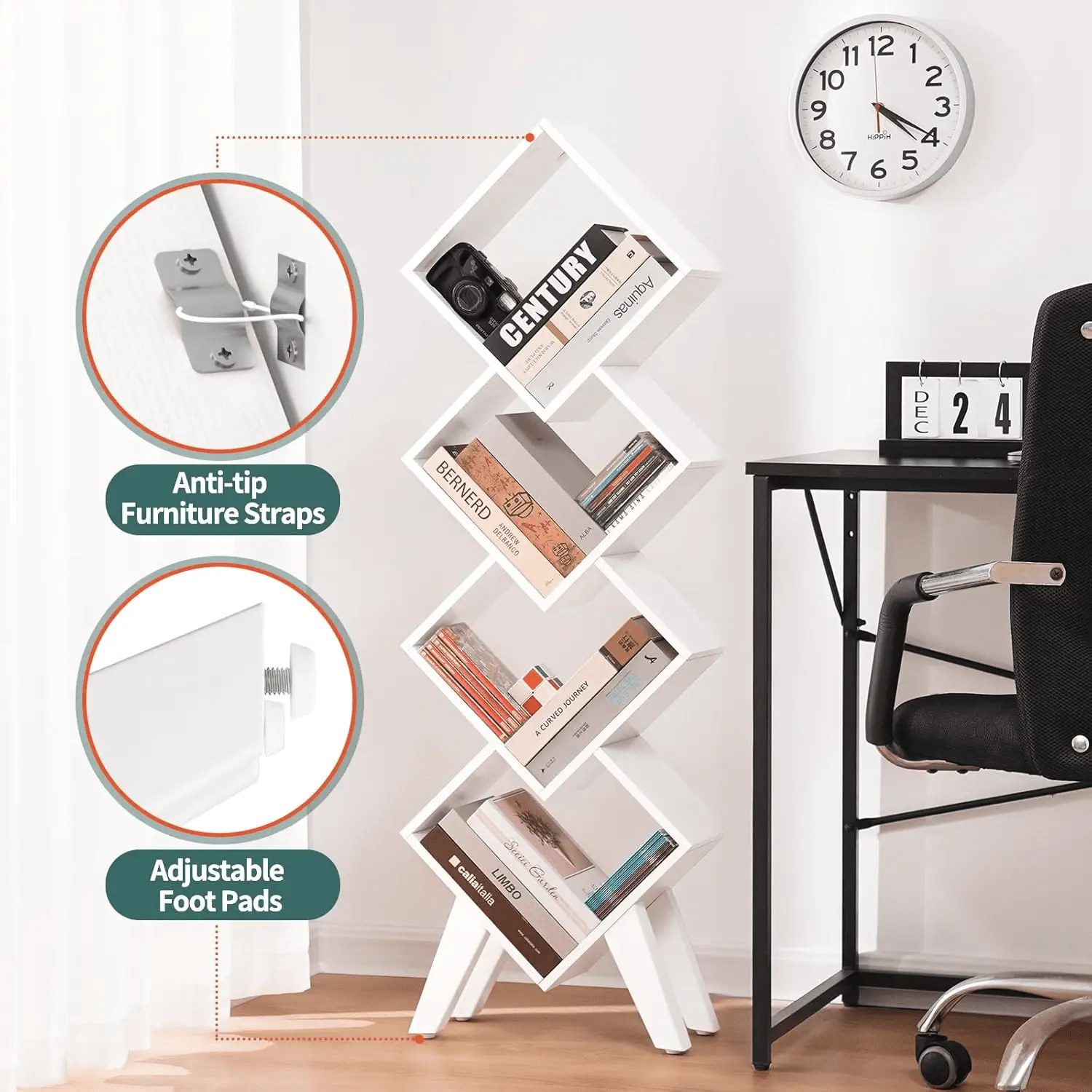 White Bookshelf, Wood Small Bookcase 4-Tier Book Shelf for Bedroom, Tall Bookcases Book Organizer, Modern Bookshelves Floor Standing for Cds/Books in Small Spaces, Living Room, Home Office - Image 4