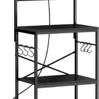 Kitchen Bakers Rack with Power Outlet, Coffee Bar Table 4 Tiers, Kitchen Microwave Stand with 6 S-Shaped Hooks, Kitchen Storage Shelf Rack for Spices, Pots and Pans - Black