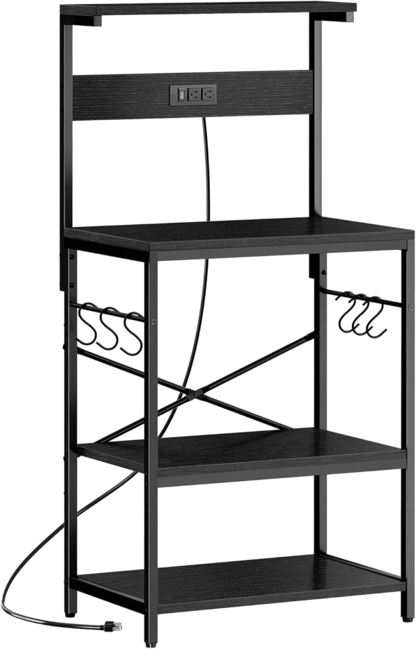 Kitchen Bakers Rack with Power Outlet, Coffee Bar Table 4 Tiers, Kitchen Microwave Stand with 6 S-Shaped Hooks, Kitchen Storage Shelf Rack for Spices, Pots and Pans - Black