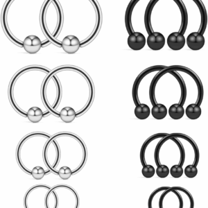 16-24PCS 16G Surgical Steel Horseshoe & Captive Bead Nose Hoop Septum Earring Eyebrow Tongue Lip Nipple Helix Tragus Piercing Jewelry Rings 6-16Mm