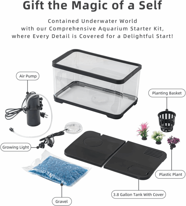 Fish Tank, 3.8 Gallon Aquarium Starter Kit with Self Cleaning Fish Tank Pump with Filteration, Oxygenation, Water Circulation, Lighting Betta Fish Aquarium with Decor, Gravel (Black) - Image 6