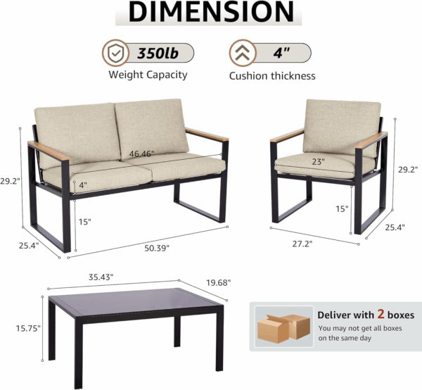 4 Pieces Patio Furniture Sets,Metal Outdoor Patio Furniture Sets,Outdoor Sectional Patio Conversation Set,Wooden Anti-Scald Armrest,Sling Mesh,4" Olefin Cushions - Image 6