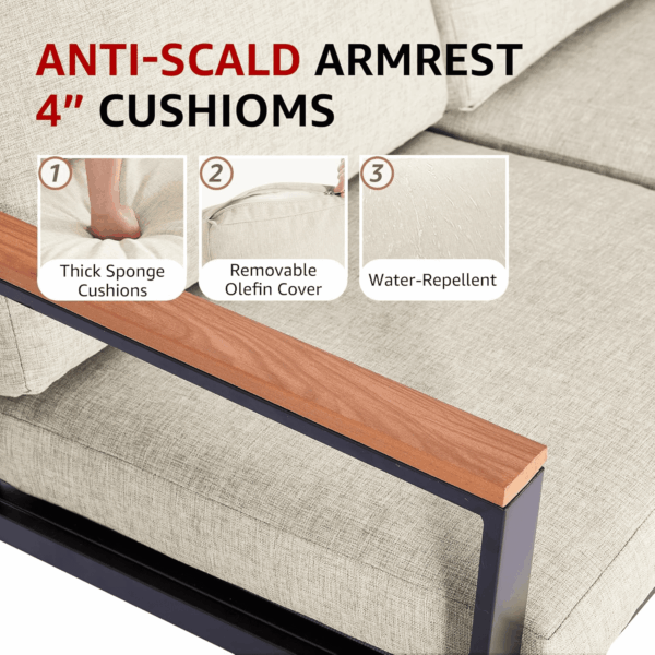 4 Pieces Patio Furniture Sets,Metal Outdoor Patio Furniture Sets,Outdoor Sectional Patio Conversation Set,Wooden Anti-Scald Armrest,Sling Mesh,4" Olefin Cushions - Image 2