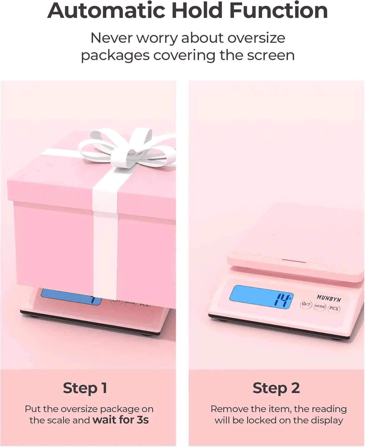 Shipping Scale, Accurate 66Lb/0.1Oz Postal Scale with Sweet Pink Style, Hold/Tear/Pcs Function, Auto-Off, Battery & AC Adapter, Back-Lit LCD Display, Digital Scale for Packages and Food Pink - Image 4