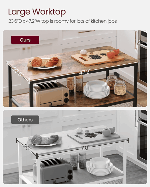 Kitchen Island with 3 Shelves, 47.2 Inches Width Kitchen Shelf with Large Worktop, Stable Steel Structure, Industrial, Easy to Assemble, Rustic Brown and Black UKKI01BX - Image 4