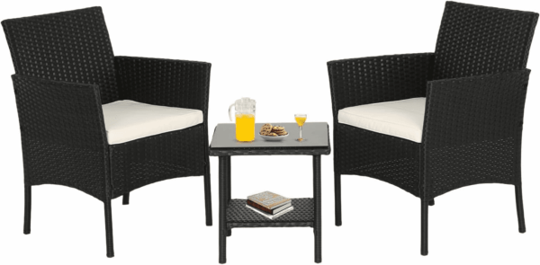 Outdoor Wicker Bistro Rattan Chair Conversation Sets with Coffee Table for Yard Backyard Lawn Porch Poolside Balcony,Black