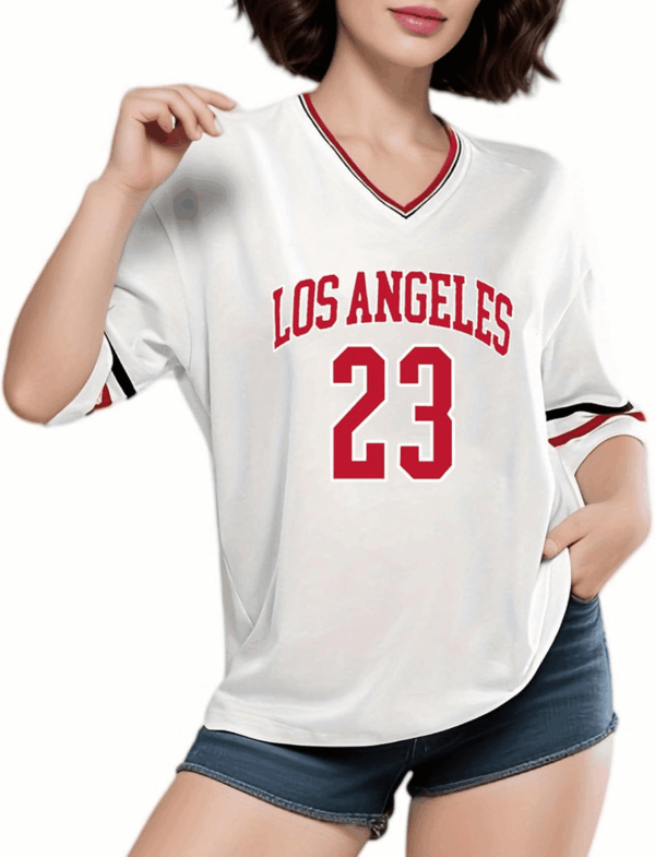 American Jersey for Women Oversized Graphic Stripe Trim V Neck Drop Shoulder Summer Tshirts - Image 3
