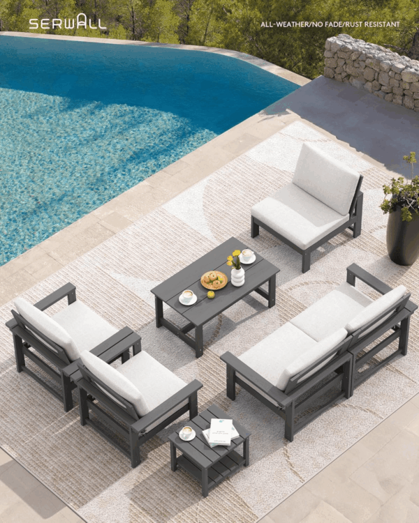 HDPE Outdoor Patio Furniture Set, 7-Piece Outdoor Sectional Patio Conversation Set, All Weather Outdoor Couch Set Patio Sofa Set for Deck, Lawn, Grey Frame with Khaki Cushion - Image 2