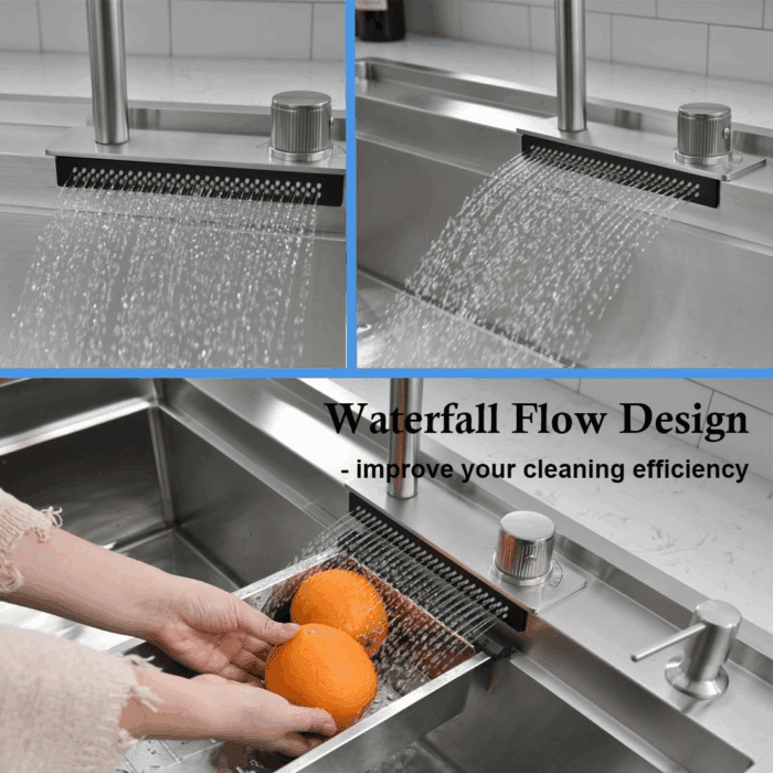 30 Inch Drop in Waterfall Kitchen Sink Workstation with Faucet Combo- 30X22 Drop-In Sink 16 Gauge Stainless Steel Single Bowl Kitchen Sink with Cutting Board - Image 6