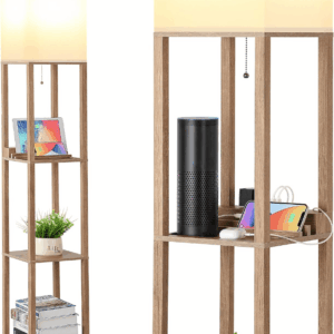 Shelf Lamp, Modern Standing Light with 1 USB Port and 1 Type C Port and 1 Power Outlet, 3-Tiered Display Floor Lamps with Shelves for Living Room, Bedroom and Office - Wood