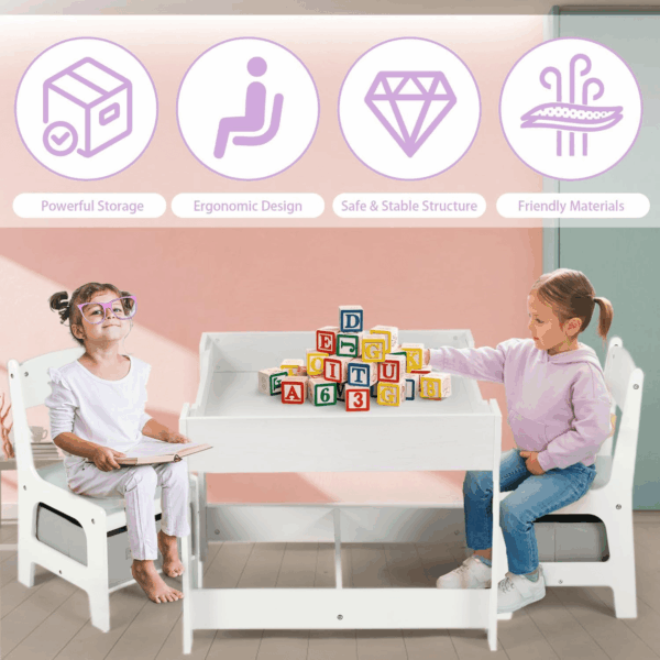 Kids Wood Table & 2 Chairs Set, 3 in 1 Children Activity Table W/Storage, Removable Tabletop, Blackboard, 3-Piece Toddler Furniture Set for Art, Crafts, Drawing, Reading, Playroom, Grey - Image 3