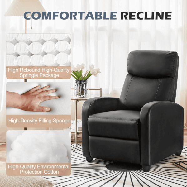 Recliner Chair for Adults, Massage PU Leather Small Recliner Home Theater Seating with Lumbar Support, Adjustable Modern Reclining Chair with Padded Seat Backrest, Living Room (Black) - Image 6