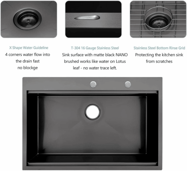 33 Black Kitchen Sink Drop in -  33X22 Drop Sink Stainless Steel 16 Gauge Gunmetal Black Ledge Workstation Single Bowl Topmount Overcounter Kitchen Sinks Deep Basin - Image 6