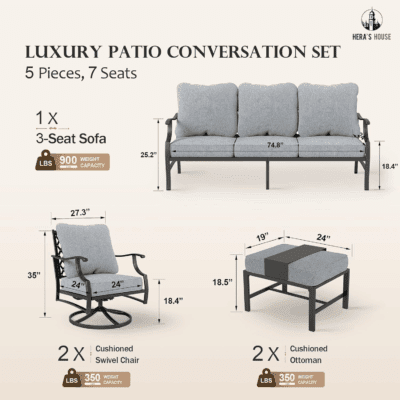 5 Piece Patio Furniture Set, 2 X Swivel Chair, 2 X Ottoman, 1 X 3-Seat Sofa, All Cushioned Outdoor Conversation Set for Lawn Garden Backyard Deck, Grey - Image 6