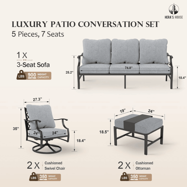 5 Piece Patio Furniture Set, 2 X Swivel Chair, 2 X Ottoman, 1 X 3-Seat Sofa, All Cushioned Outdoor Conversation Set for Lawn Garden Backyard Deck, Grey - Image 6