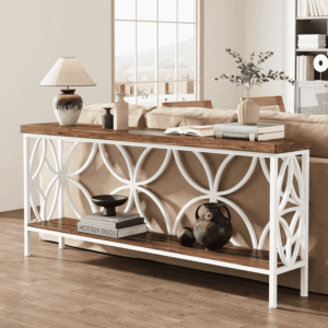 70.9-Inch Narrow Sofa Table, Industrial Long Sofa Table behind Couch, Entry Console Table with Storage for Entryway, Living Room, Foyer, Unique Design, Walnut/White