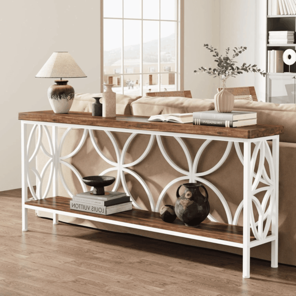 70.9-Inch Narrow Sofa Table, Industrial Long Sofa Table behind Couch, Entry Console Table with Storage for Entryway, Living Room, Foyer, Unique Design, Walnut/White
