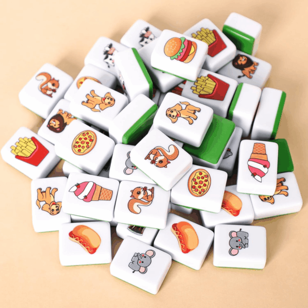 2 Players Mahjong Block Set, Mahjong Tile Game with 50 Premium Green Tiles(30Mm) Animal and Food Pattern, Portable Mahjongg Set with a Carry Bag - Image 7