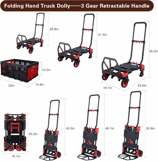 2-In-1Hand Truck Dolly Foldable with Folding Basket,330Lbs Capacity Handtruck,Hand Truck Foldable Dolly with 4 Wheels,Dolly Cart with Retractable Handle,Folding Hand Cart for Moving - Image 3