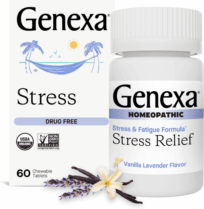Stress for Adults | Anxiety & Irritability Relief | Fatigue Remedy | Natural Vanilla & Lavender Flavor | Gluten Free & Non-Gmo | Homeopathic Remedy Made Clean | 60 Chewable Tablets​